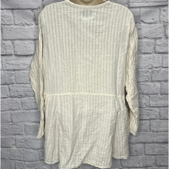 FLAX Linen Cardigan Shirt Size S Ivory White Button Front Long Sleeve Ribbed - Picture 4 of 6